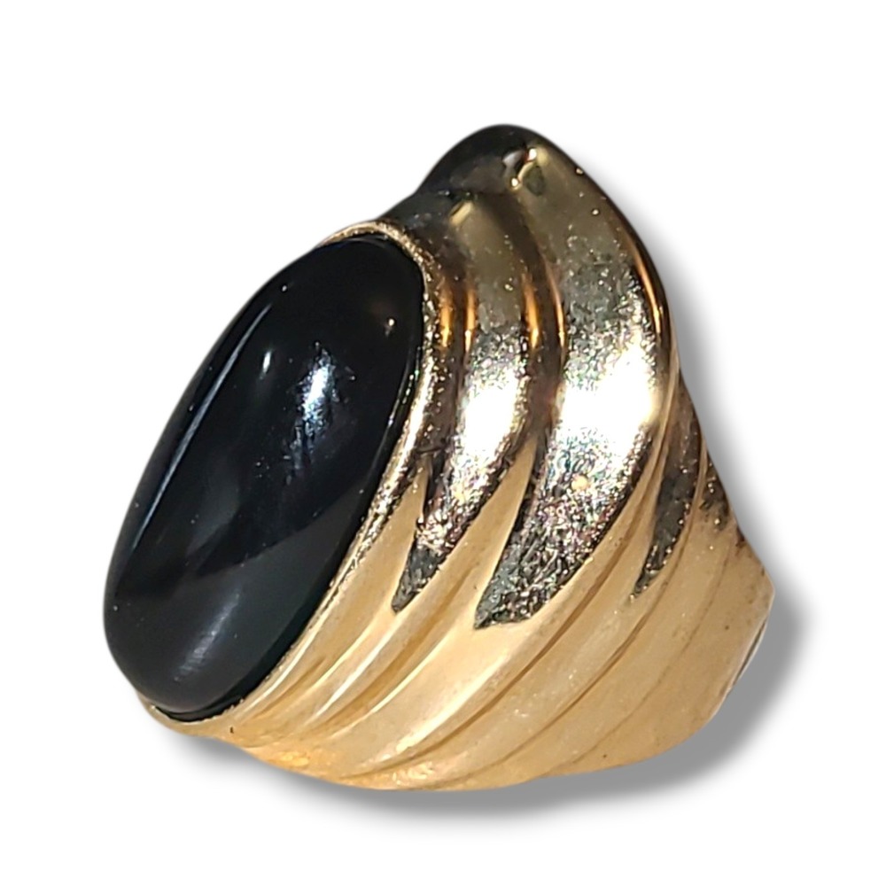 Vintage 18K HGE Genuine Black Onyx Cocktail Ring Gold Tone Statement Size 6